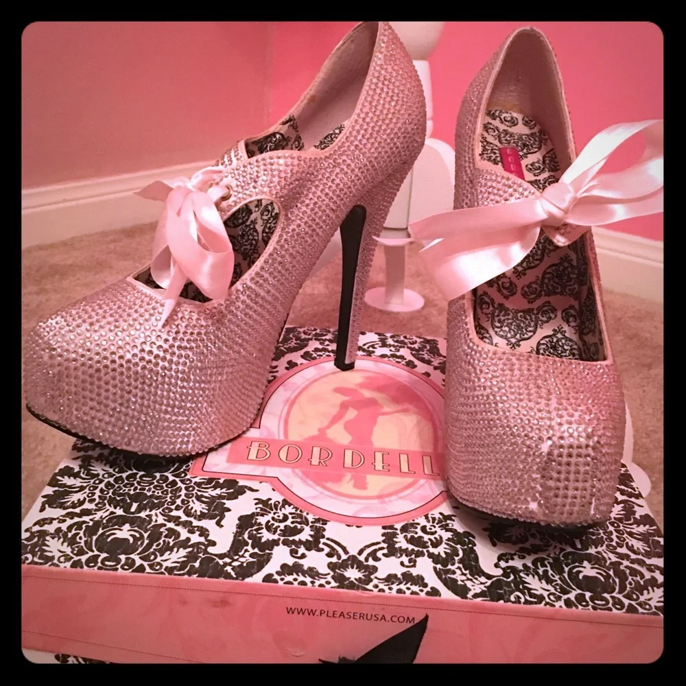 COPY - Bordello BabyPink Platform Rhinestone Ribbon Pumps - Picture 2 of 7